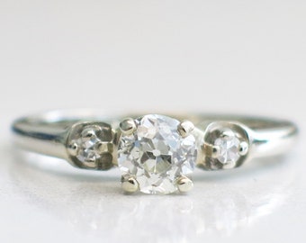 14K White Gold Old European Cut Diamond Vintage Engagement Ring, Antique Style Solitaire Ring