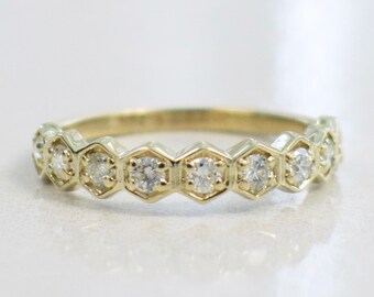 14K Yellow Gold Hexagon Diamond Wedding Band Stackable Geometric Ring 4mm