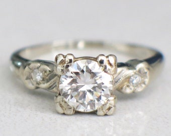 Vintage 14K White Gold Diamond Engagement Ring – .75 CT Center, Floral Accents, Size 5