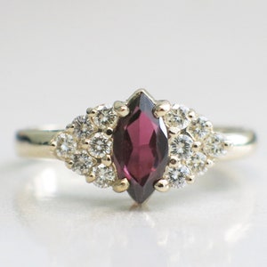 14K Gold Marquise Garnet Ring with Diamond Clusters Vintage Style 6.5