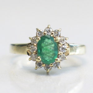 14K Yellow Gold Emerald and Diamond Halo Ring Oval May Birthstone 3.75