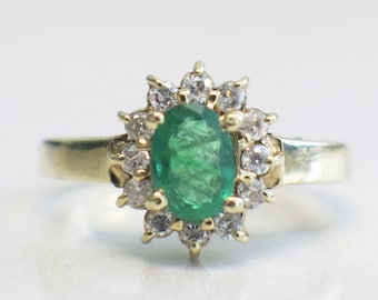 14K Yellow Gold Emerald and Diamond Halo Ring Oval May Birthstone 3.75