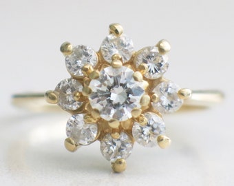 Vintage Floral Flower 14K Yellow Gold Round Brilliant Diamond Ring Alternative Engagement Ring