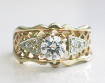 Vintage 14K Yellow Gold Diamond Engagement Ring – Lattice Wide