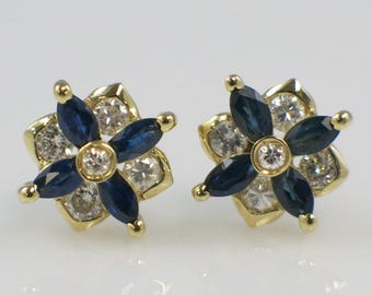 Vintage 18K Gold Marquise Saphir Diamant Ohrringe - 1980er Jahre Blumenschmuck