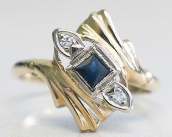Vintage Sapphire Diamond Ring 14K Two Tone Gold Princess Cut Milgrain