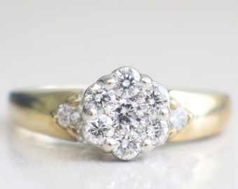 Pierścionek z dwukolorowym brylantem 14K | Pierścionek zaręczynowy z motywem kwiatowym w stylu vintage