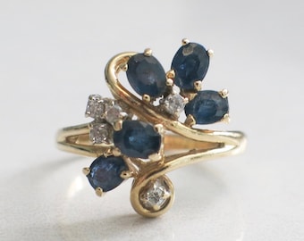 Vintage Sapphire and Diamond Scroll Ring 14K Yellow Gold