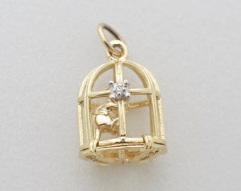 14K Yellow Gold Vintage Unique Diamond Mouse Cage Charm