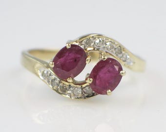 14K Yellow Gold Two Stone Ruby and Diamond Bypass Ring - Size 6