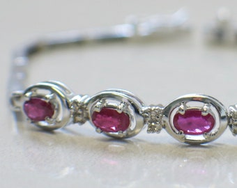 14K White Gold Oval Ruby and Diamond Bracelet