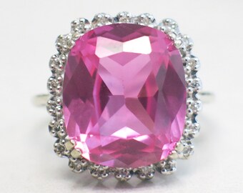 10K White Gold Synthetic Pink Sapphire Halo Diamond Ring Vintage Style