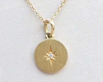 14K Gold Diamond Accented Starburst Star Diamond Pendant 16 to 18 Inch Adjustable Necklace