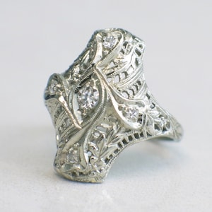 Vintage 18K White Gold Edwardian Filigree Diamond Ring Art Deco Size 3 Vintage Engagement Ring