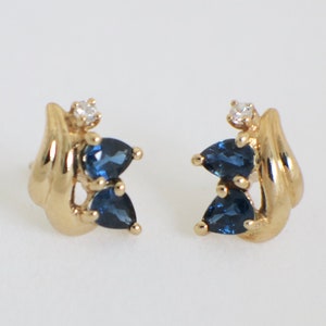 14K Gold Sapphire Earrings with Diamonds Vintage Yellow Gold Studs