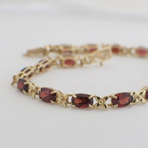 Vintage 10K Yellow Gold Garnet X Tennis Bracelet, January Birthstone Jewelry