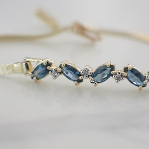 14K Yellow Gold Marquise Sapphire and Diamond Alternating Bracelet, Vintage Blue Gemstone Jewelry