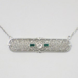 1920s Art Deco Emerald Diamond Filigree Pendant Necklace | 14K White Gold Bar