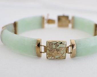 Vintage Jade Bracelet 14K Gold Chinese Symbol Panel Bar Design 7 Inch