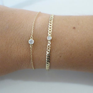 14K Yellow Gold Bezel Set Diamond Curb Chain Bracelet, .10 CT Natural Diamond, Minimalist Layering Bracelet