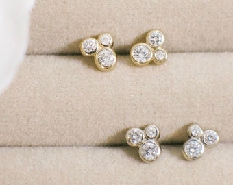 14K Yellow or White Gold Three Stone Trio Diamond Bezel Cluster Stud Earrings