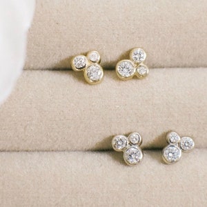 14K Gold Trio Diamond Stud Earrings Bezel Cluster Dainty .21 CTW