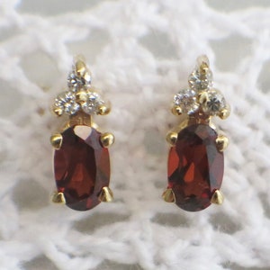 Vintage Garnet Diamond Earrings 14K Gold Stud January Birthstone Jewelry