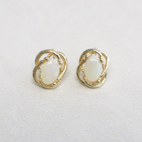 Oval White Opal Stud 14K Yellow Gold Earrings - image 2