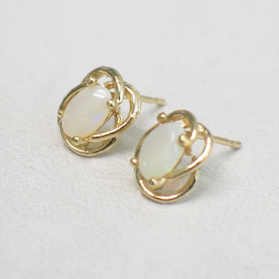 Oval White Opal Stud 14K Yellow Gold Earrings - image 3