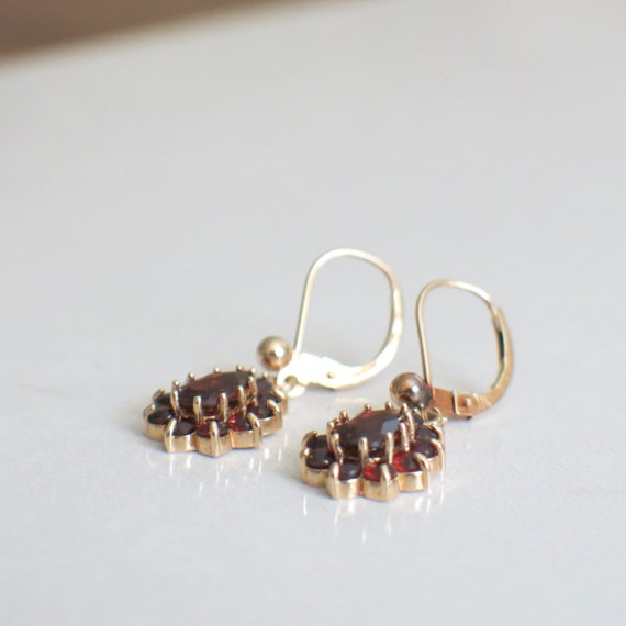 Vintage Pear Red Garnet Halo Dangle Earrings - image 2