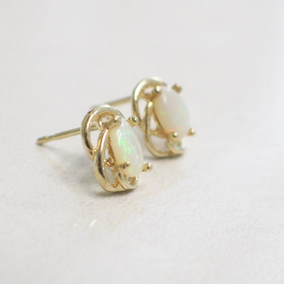 Oval White Opal Stud 14K Yellow Gold Earrings - image 4