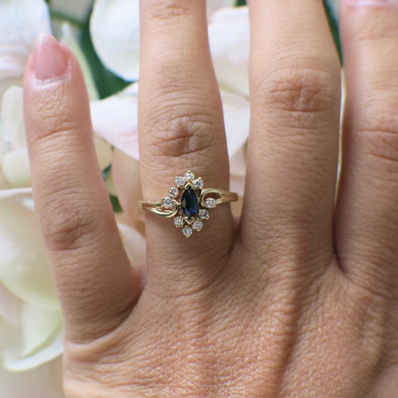 14K Yellow Gold Diamond and Sapphire Marquise Hal… - image 1