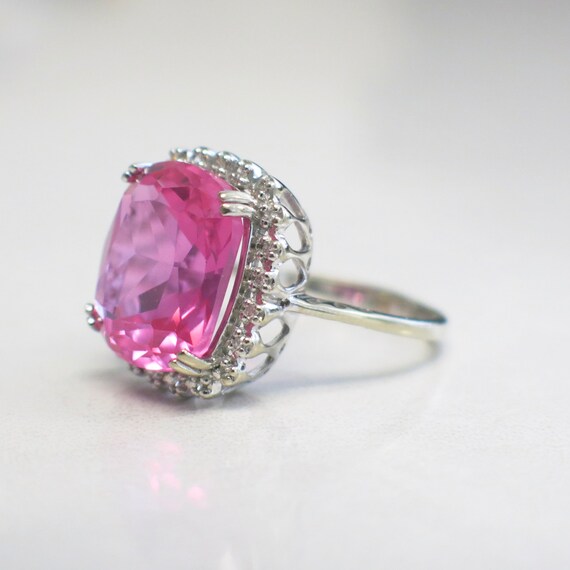 10K White Gold Synthetic Pink Sapphire with Diamo… - image 2