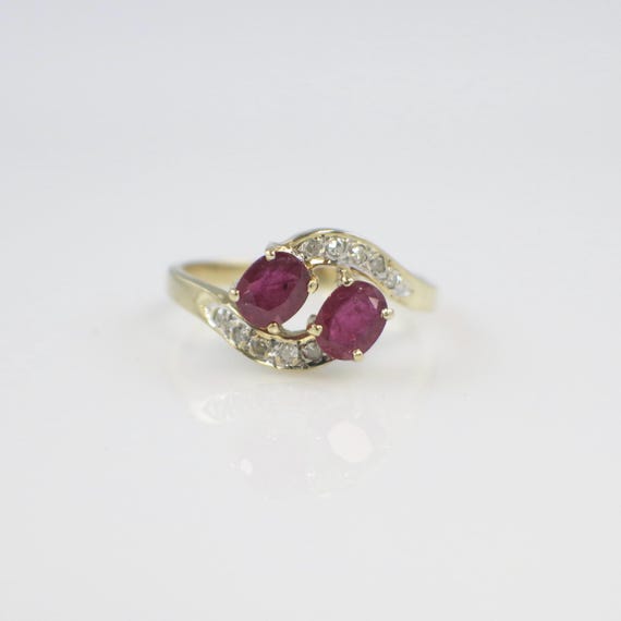 14K Yellow Gold Two Stone Ruby and Diamond Bypass… - image 1
