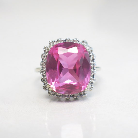 10K White Gold Synthetic Pink Sapphire with Diamo… - image 1