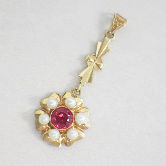 14K Vintage Pearl and Synthetic Pink Sapphire Dan… - image 2