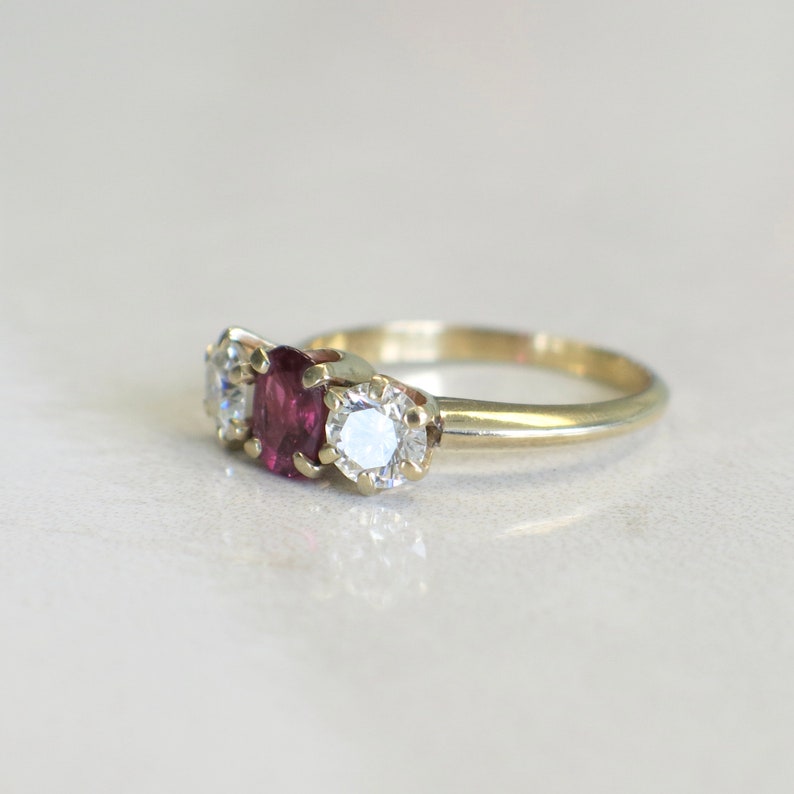 Vintage 14K Gold Ruby and Diamond Ring – Three-stone Engagement, Size 5 ...
