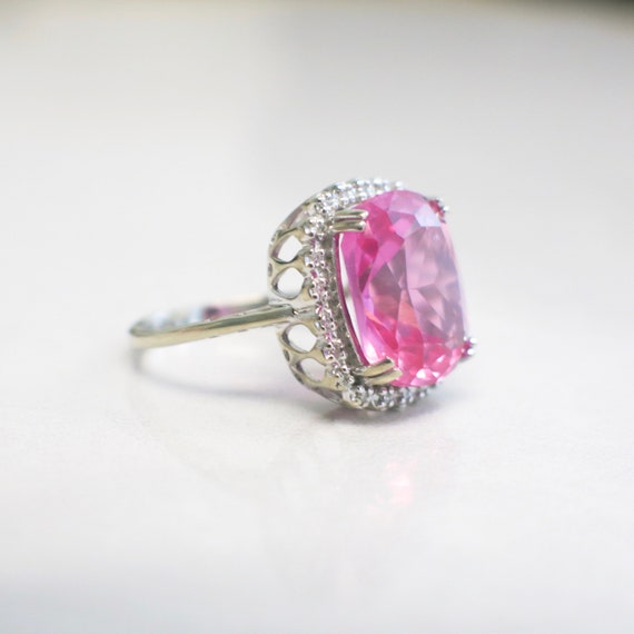 10K White Gold Synthetic Pink Sapphire with Diamo… - image 3