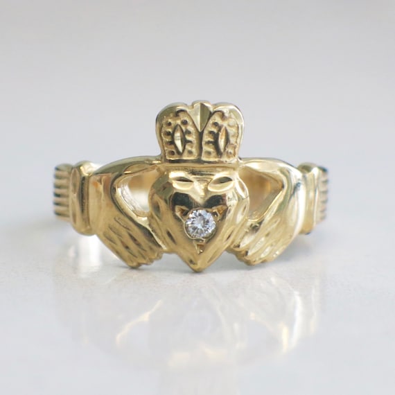 14K Yellow Gold Diamond Claddagh Ring