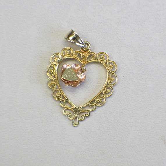 Vintage Scroll 14K Yellow Gold Heart Pendant with… - image 2