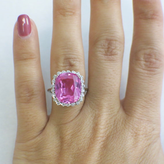 10K White Gold Synthetic Pink Sapphire with Diamo… - image 4