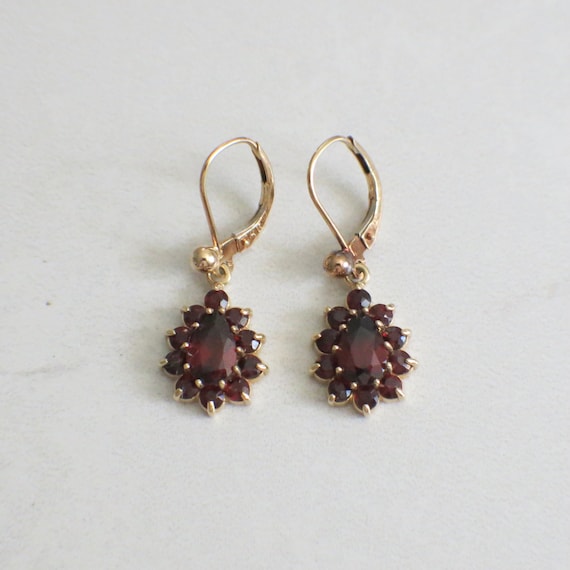 Vintage Pear Red Garnet Halo Dangle Earrings - image 1