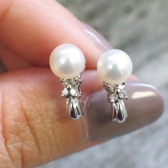 White Pearl and Diamond Floral 10K White Gold Ear… - image 1