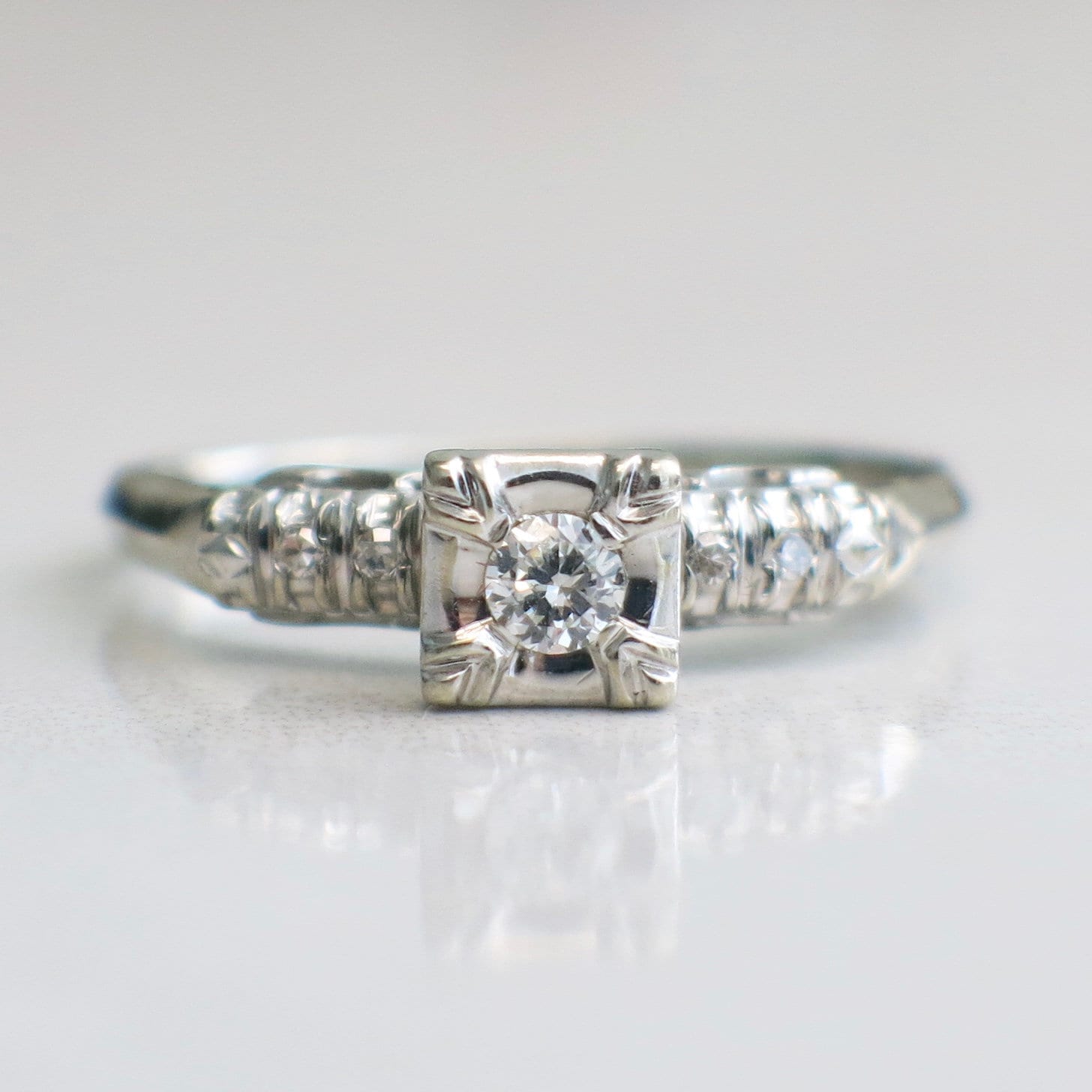 Vintage 14K White Gold Diamond Engagement Ring Square Head Setting Size 8.5