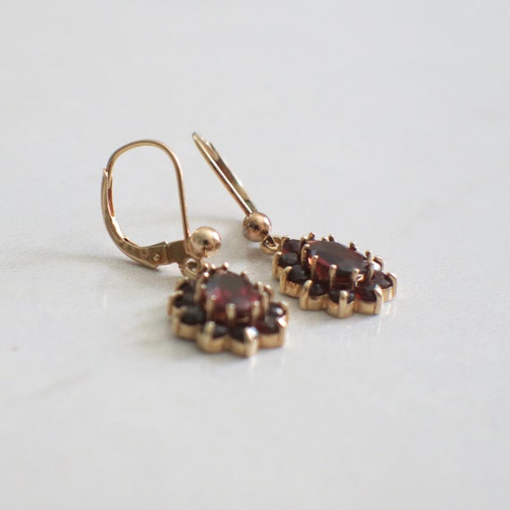 Vintage Pear Red Garnet Halo Dangle Earrings - image 3