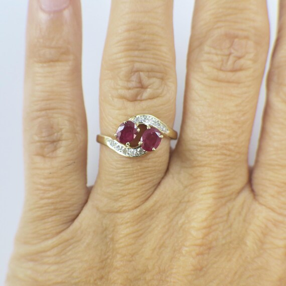 14K Yellow Gold Two Stone Ruby and Diamond Bypass… - image 3