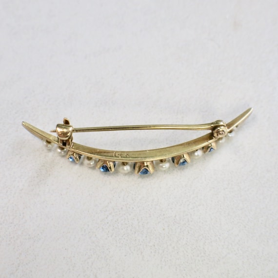 Ceylon Sapphire and Pearl 14K Gold Vintage Pin - image 3