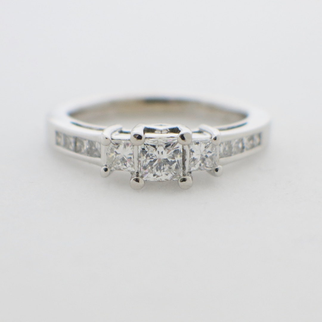 14K White Gold Princess Cut Diamond Engagement Ring | Three Stone, .78 ...