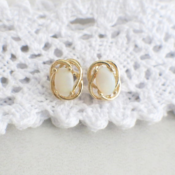 Oval White Opal Stud 14K Yellow Gold Earrings - image 5