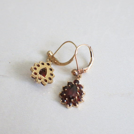 Vintage Pear Red Garnet Halo Dangle Earrings - image 5